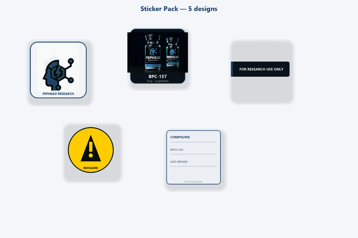 Sticker Pack — Sticker pack — logo mark, BPC-157 vial, FOR RESEARCH USE ONLY, hazard, and compound labels